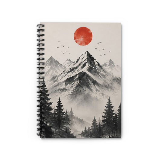 Mountain Sunrise Spiral Notebook — Ruled Journal with Red Sun Landscape