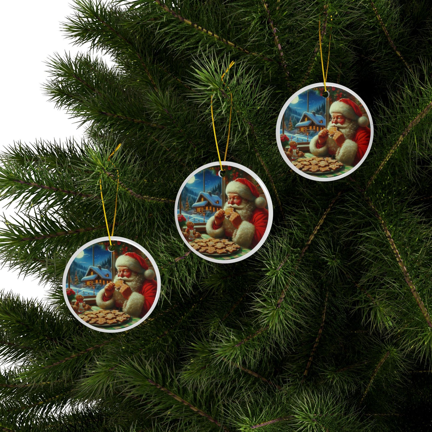 Santa’s Festive Cookie Break Christmas Ceramic Ornaments, 2-Side Print, (1pc, 3pcs, 5pcs, 10pcs)