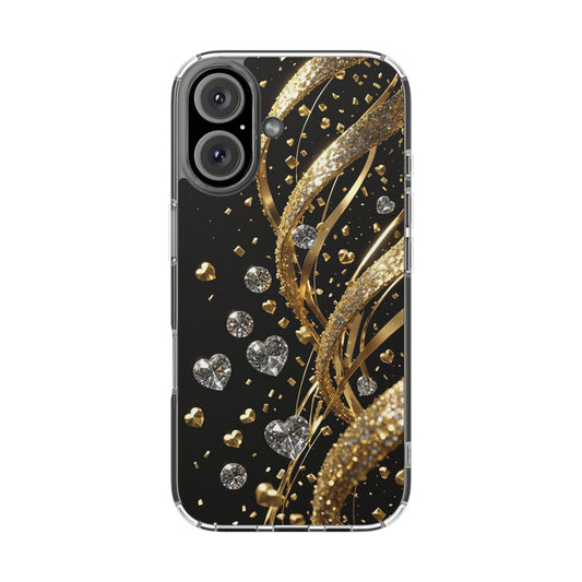 Gleaming Heart Clear Case, Elegant Gold Glitter, Sparkling Design