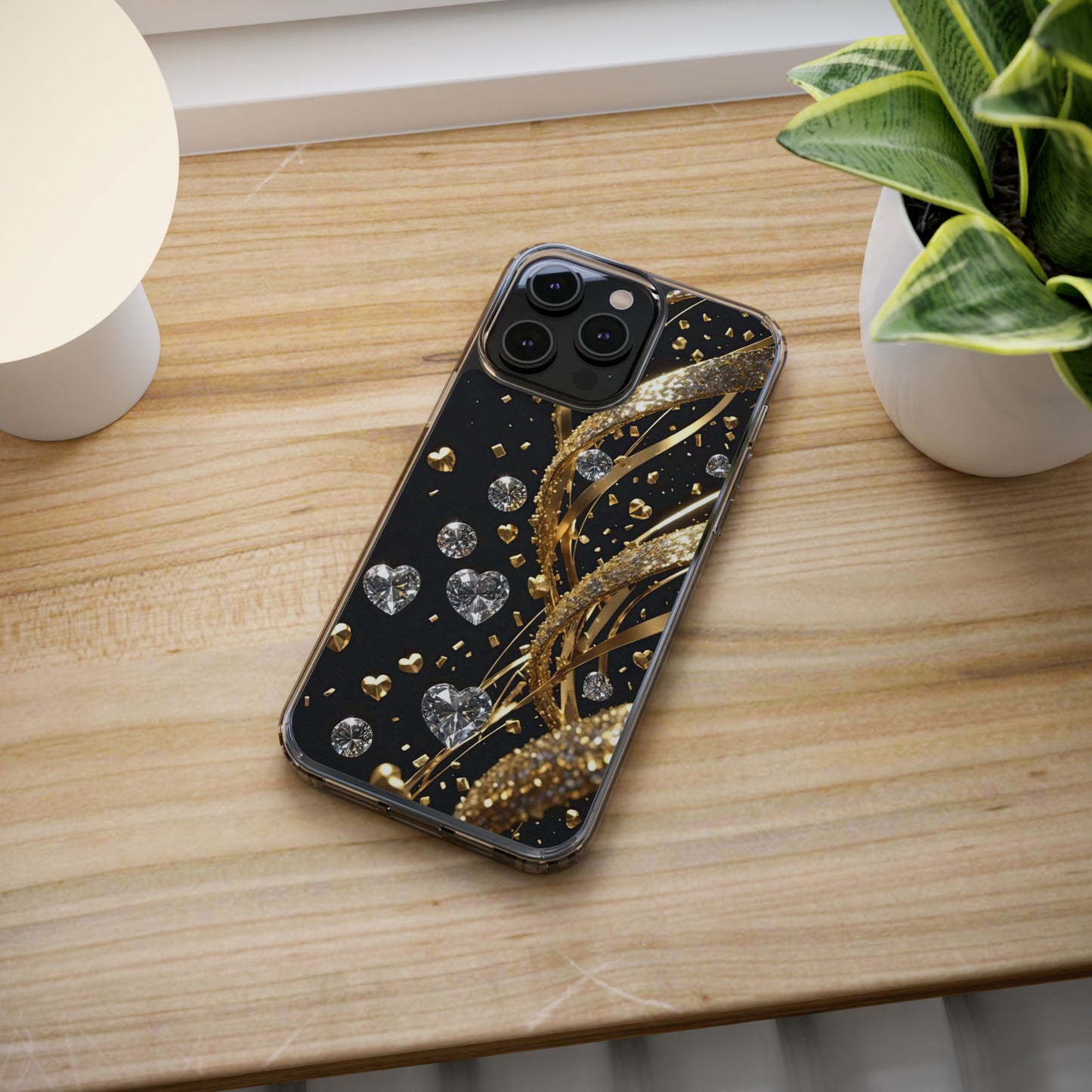 Gleaming Heart Clear Case, Elegant Gold Glitter, Sparkling Design