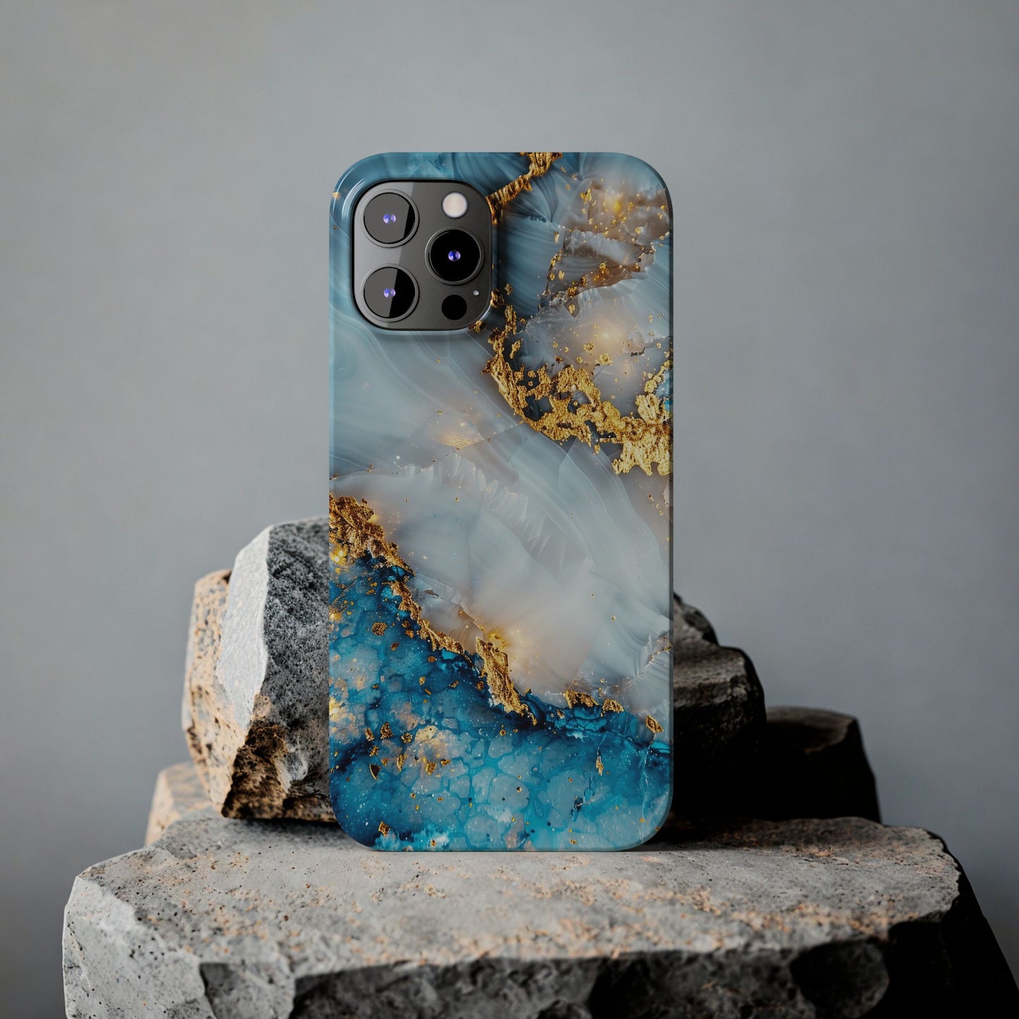 Marble Luxe Slim iPhone Case, Elegant Blue & Gold Design