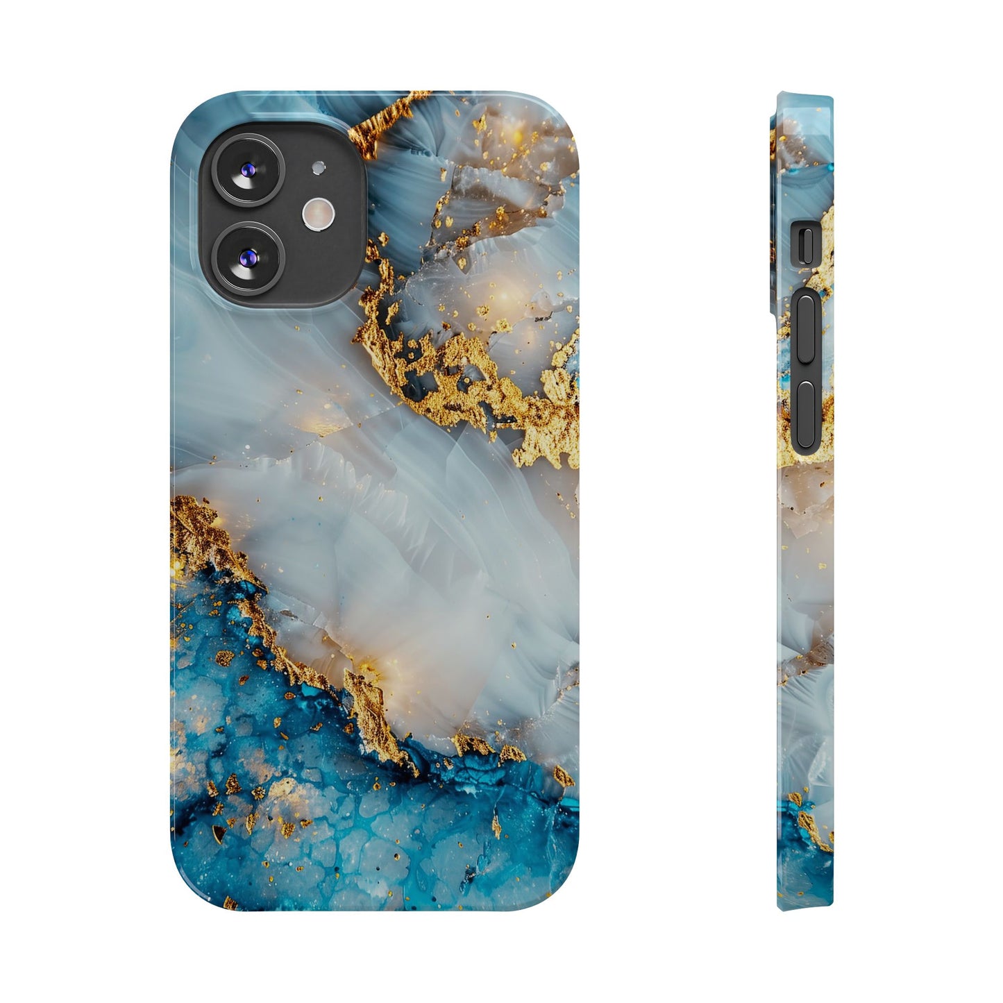 Marble Luxe Slim iPhone Case, Elegant Blue & Gold Design