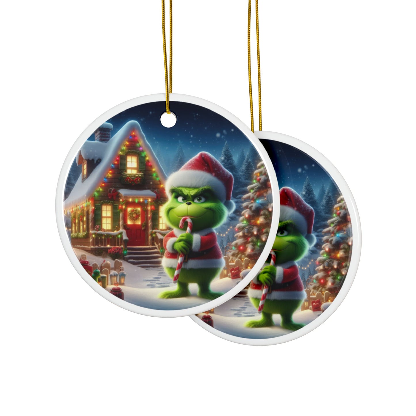 The Grinch’s Playful Candy Cane Prank Christmas Ceramic Ornaments, 2-Side Print, (1pc, 3pcs, 5pcs, 10pcs)