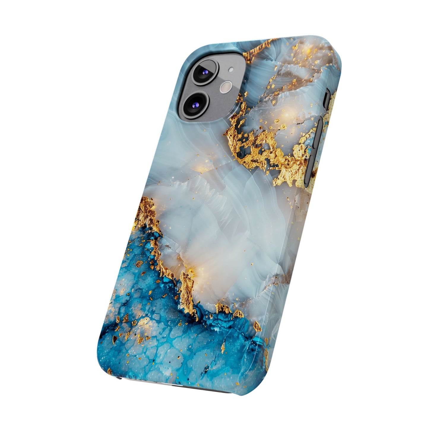Marble Luxe Slim iPhone Case, Elegant Blue & Gold Design