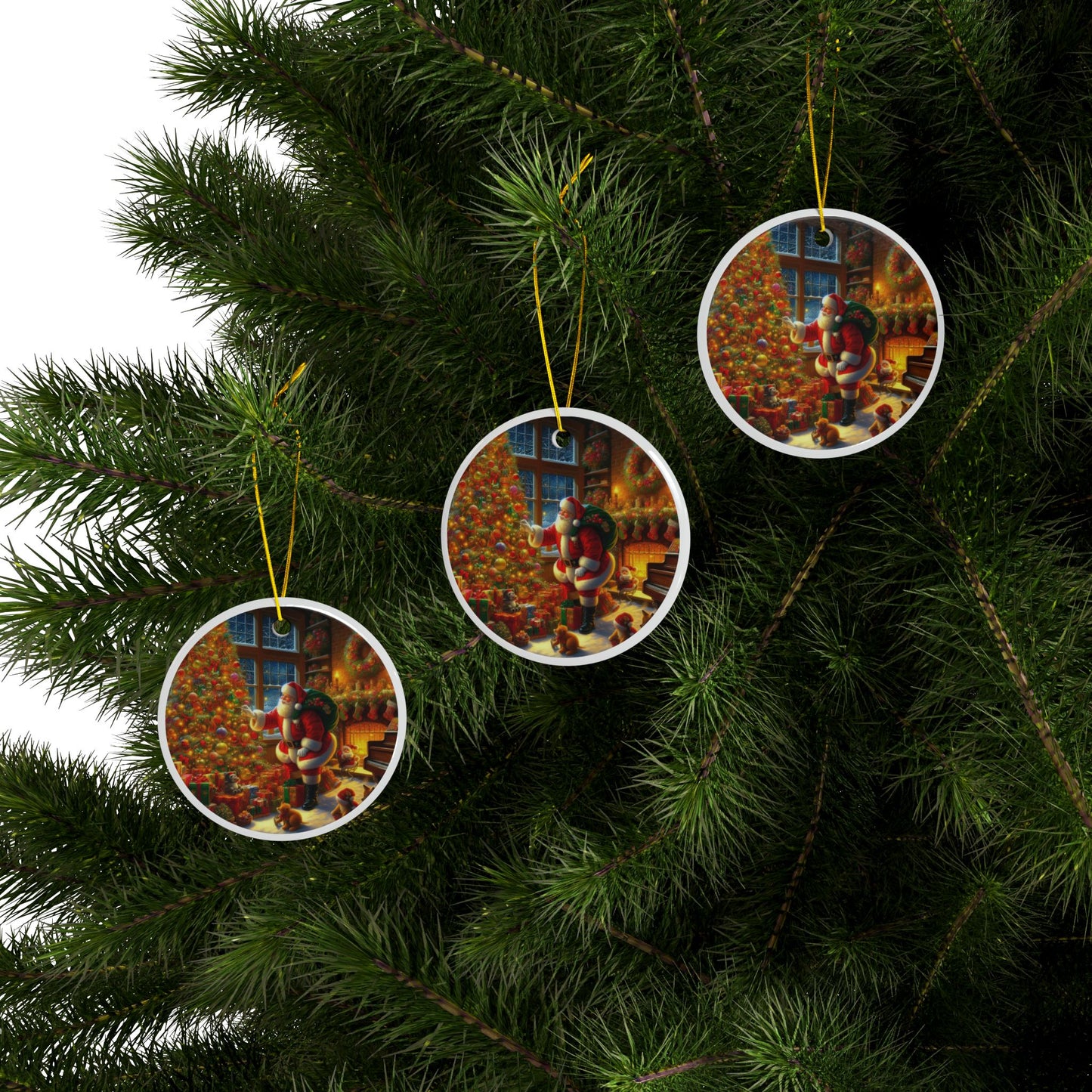 Santa’s Tree Decoration Delight Christmas Ceramic Ornaments, 2-Side Print, (1pc, 3pcs, 5pcs, 10pcs)