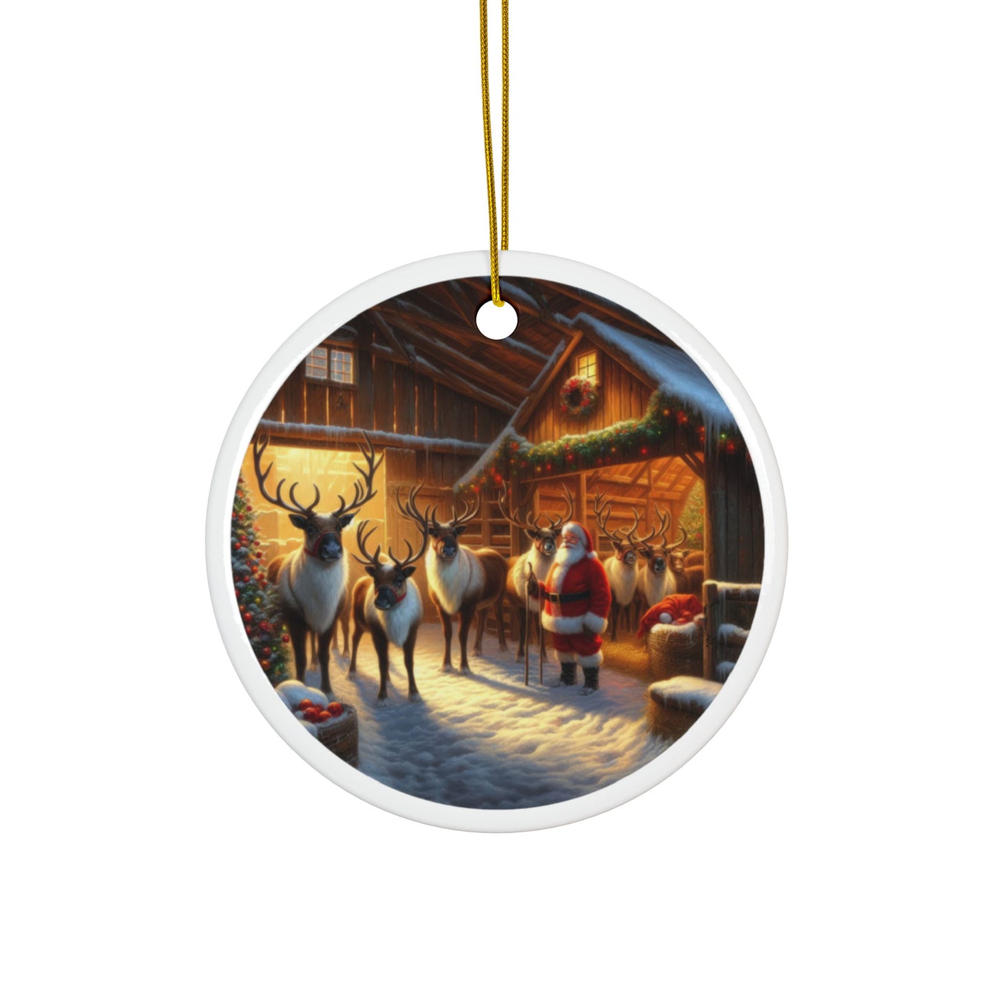 The North Pole Barn and Santa’s Crew Christmas Ceramic Ornaments, 2-Side Print, (1pc, 3pcs, 5pcs, 10pcs)