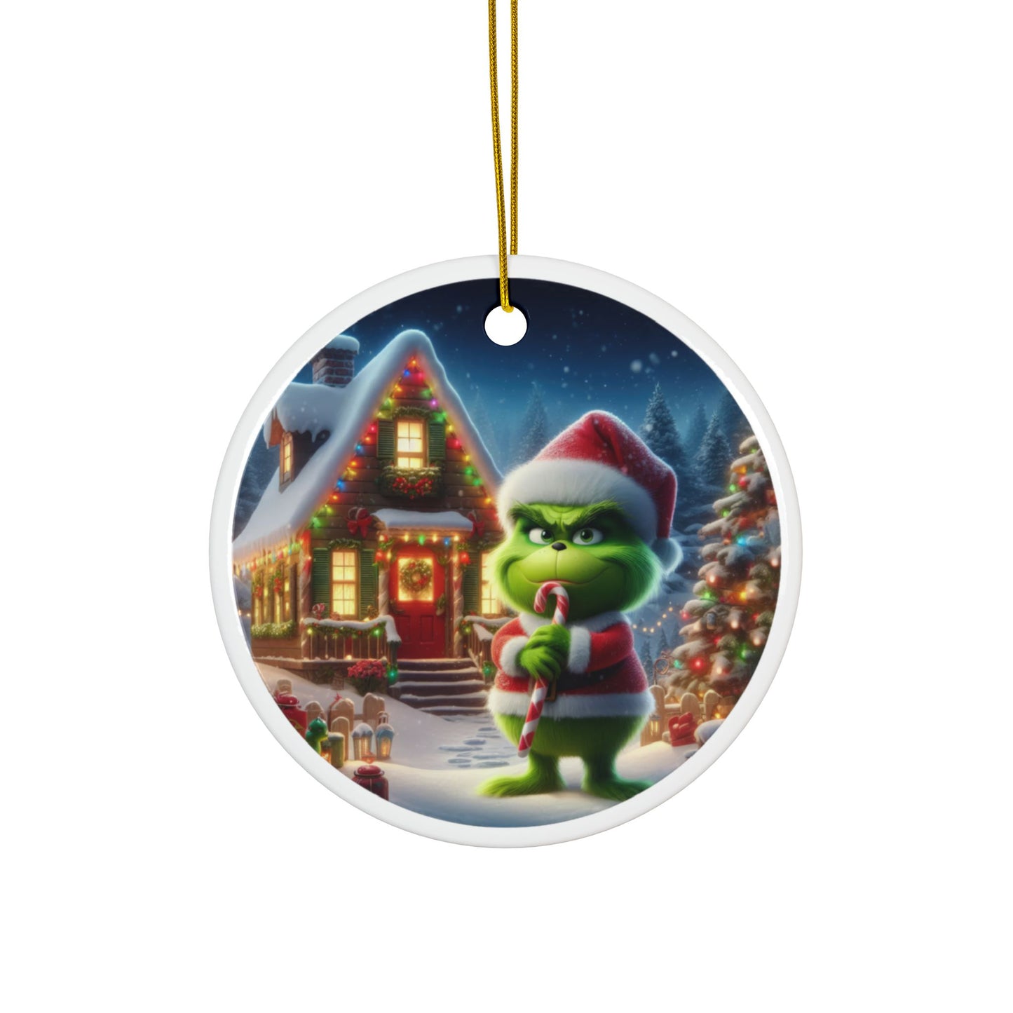 The Grinch’s Playful Candy Cane Prank Christmas Ceramic Ornaments, 2-Side Print, (1pc, 3pcs, 5pcs, 10pcs)