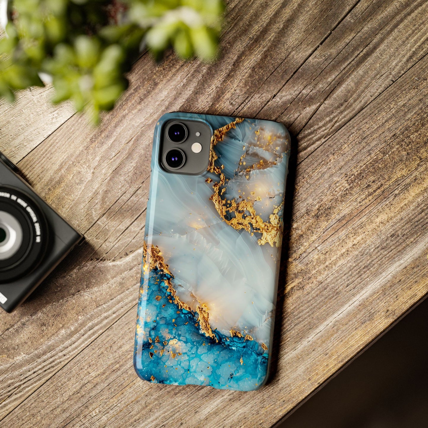 Marble Luxe Slim iPhone Case, Elegant Blue & Gold Design
