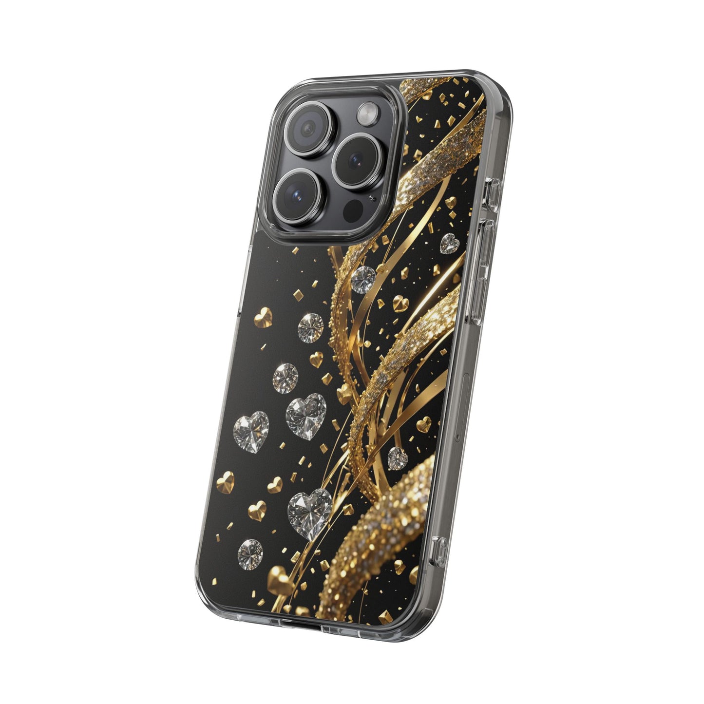 Gleaming Heart Clear Case, Elegant Gold Glitter, Sparkling Design