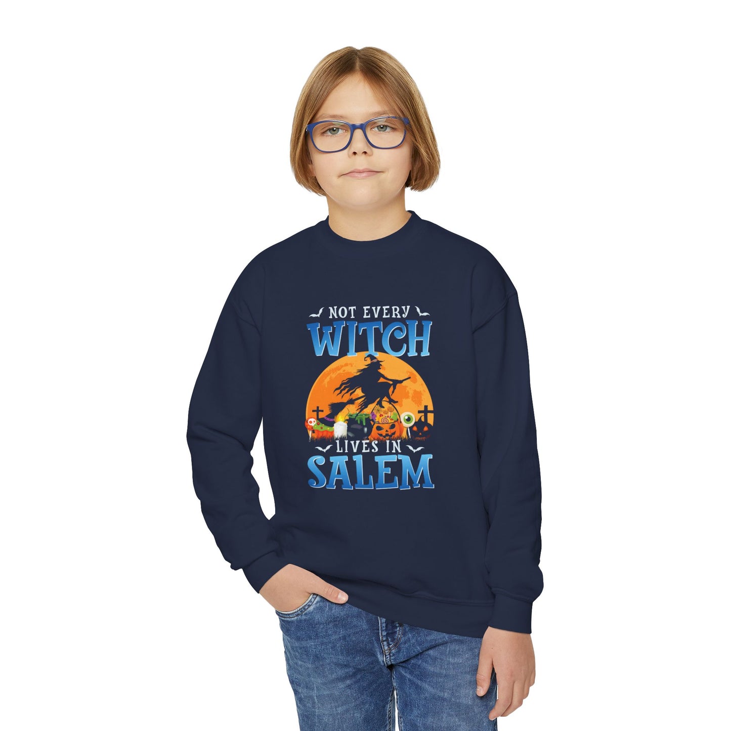 Youth Halloween Crewneck Sweatshirt - Not Every Witch Lives in Salem