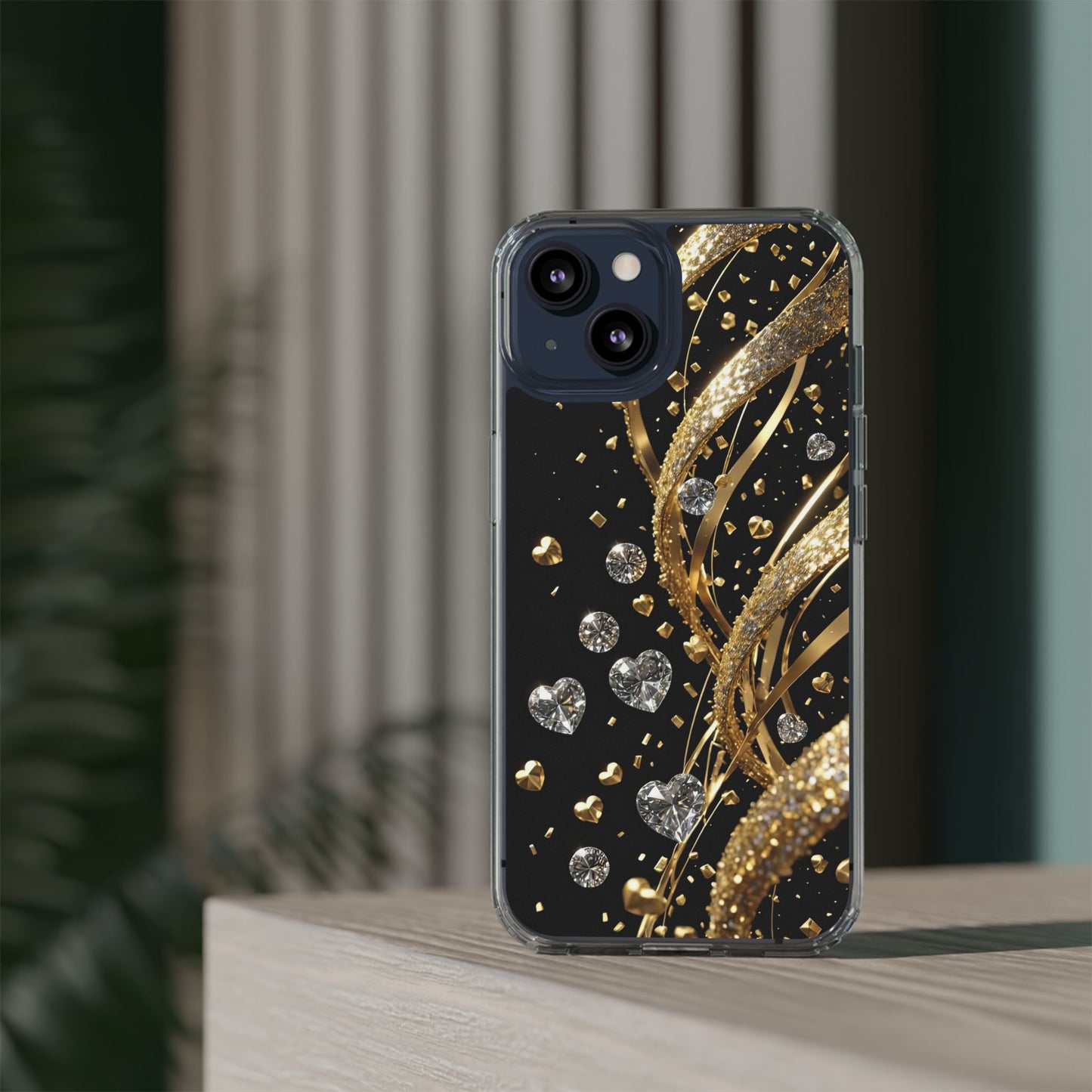 Gleaming Heart Clear Case, Elegant Gold Glitter, Sparkling Design