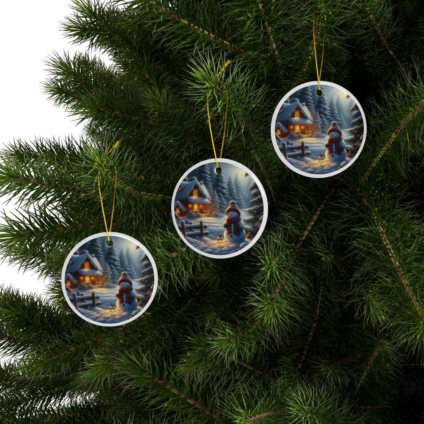 Snowman’s Twilight Magic Christmas Ceramic Ornaments, 2-Side Print, (1pc, 3pcs, 5pcs, 10pcs)