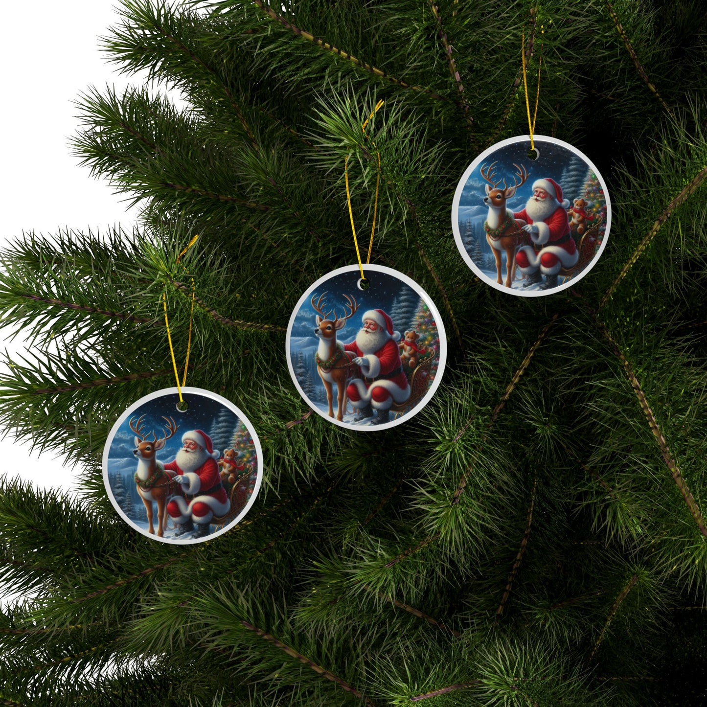 Santa’s Starry Night with Rudolph Christmas Ceramic Ornaments, 2-Side Print, (1pc, 3pcs, 5pcs, 10pcs)