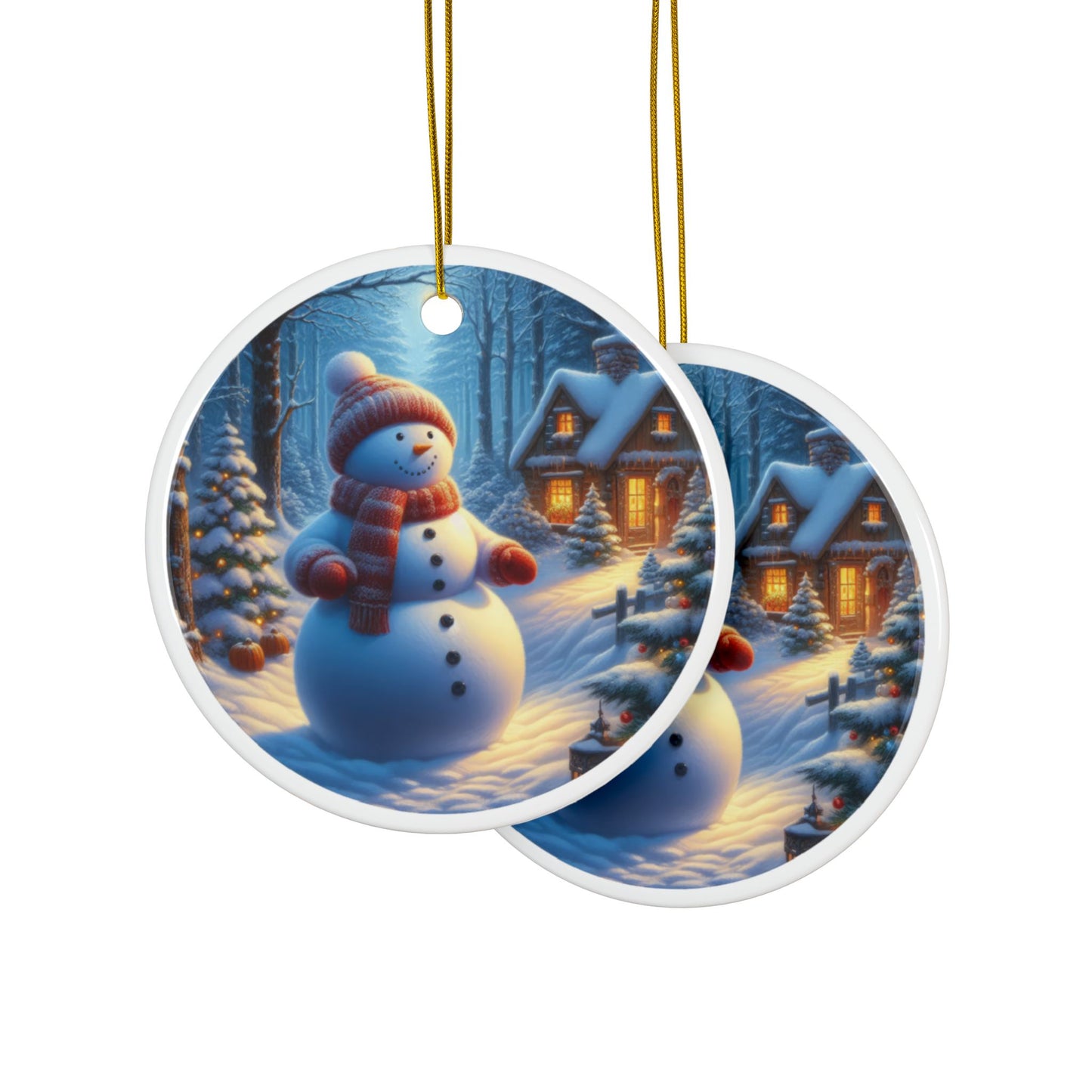 Winter’s Gentle Snowman Christmas Ceramic Ornaments, 2-Side Print, (1pc, 3pcs, 5pcs, 10pcs)