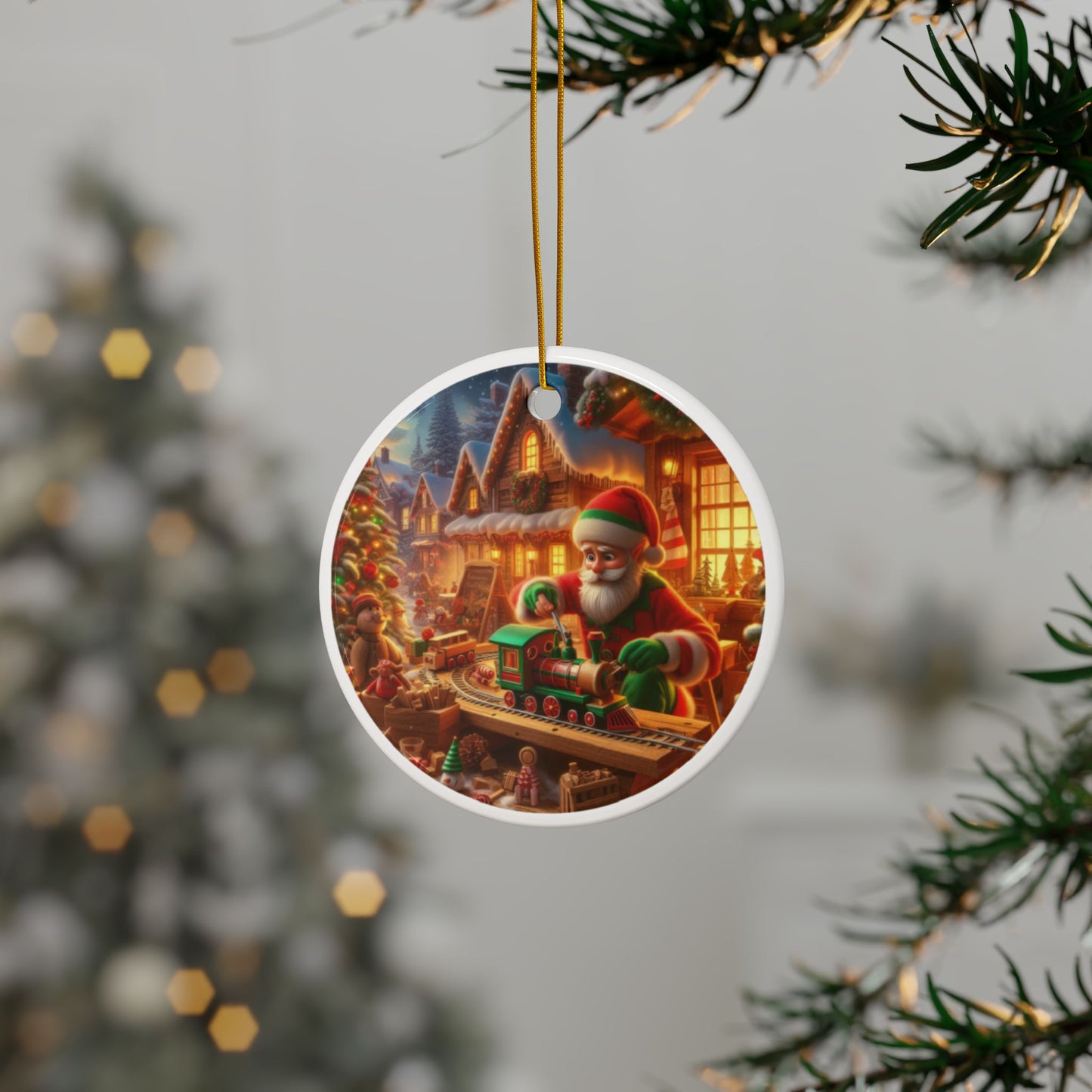 Wooden Dreams with Santa Christmas Ceramic Ornaments, 2-Side Print, (1pc, 3pcs, 5pcs, 10pcs)