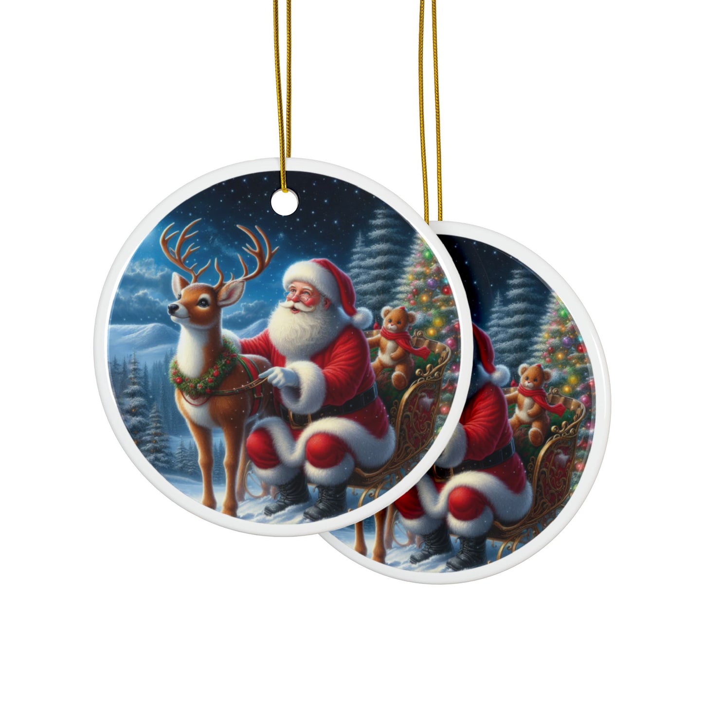 Santa’s Starry Night with Rudolph Christmas Ceramic Ornaments, 2-Side Print, (1pc, 3pcs, 5pcs, 10pcs)