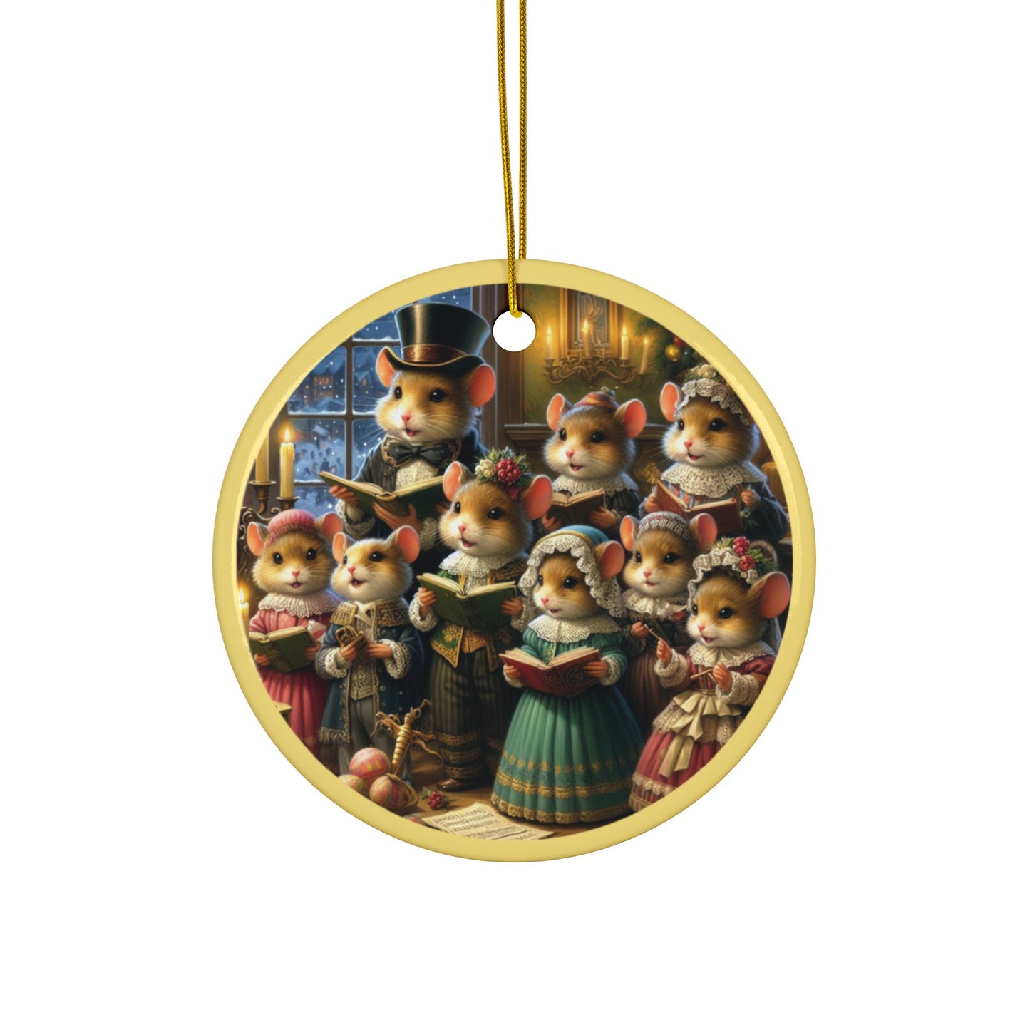 Pine-Kissed Mouse Carolers Ceramic Ornaments, 2-Side Print, (1pc, 3pcs, 5pcs, 10pcs)