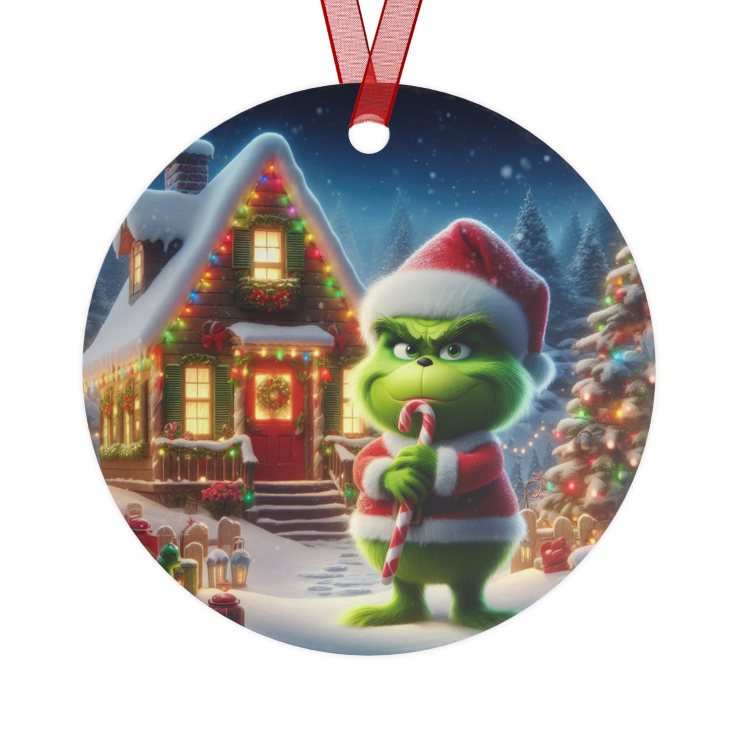 The Grinch’s Playful Candy Cane Prank Metal Ornaments, 2-Side Print