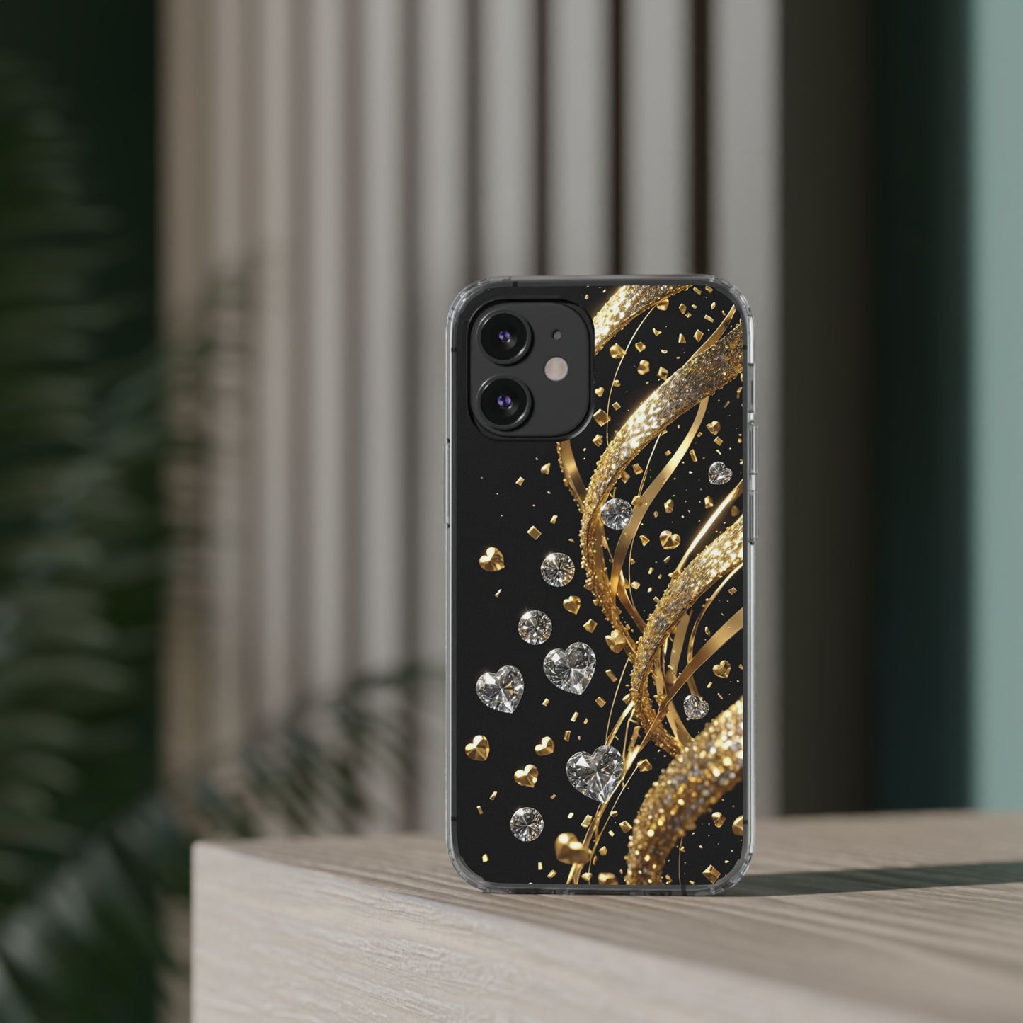 Gleaming Heart Clear Case, Elegant Gold Glitter, Sparkling Design