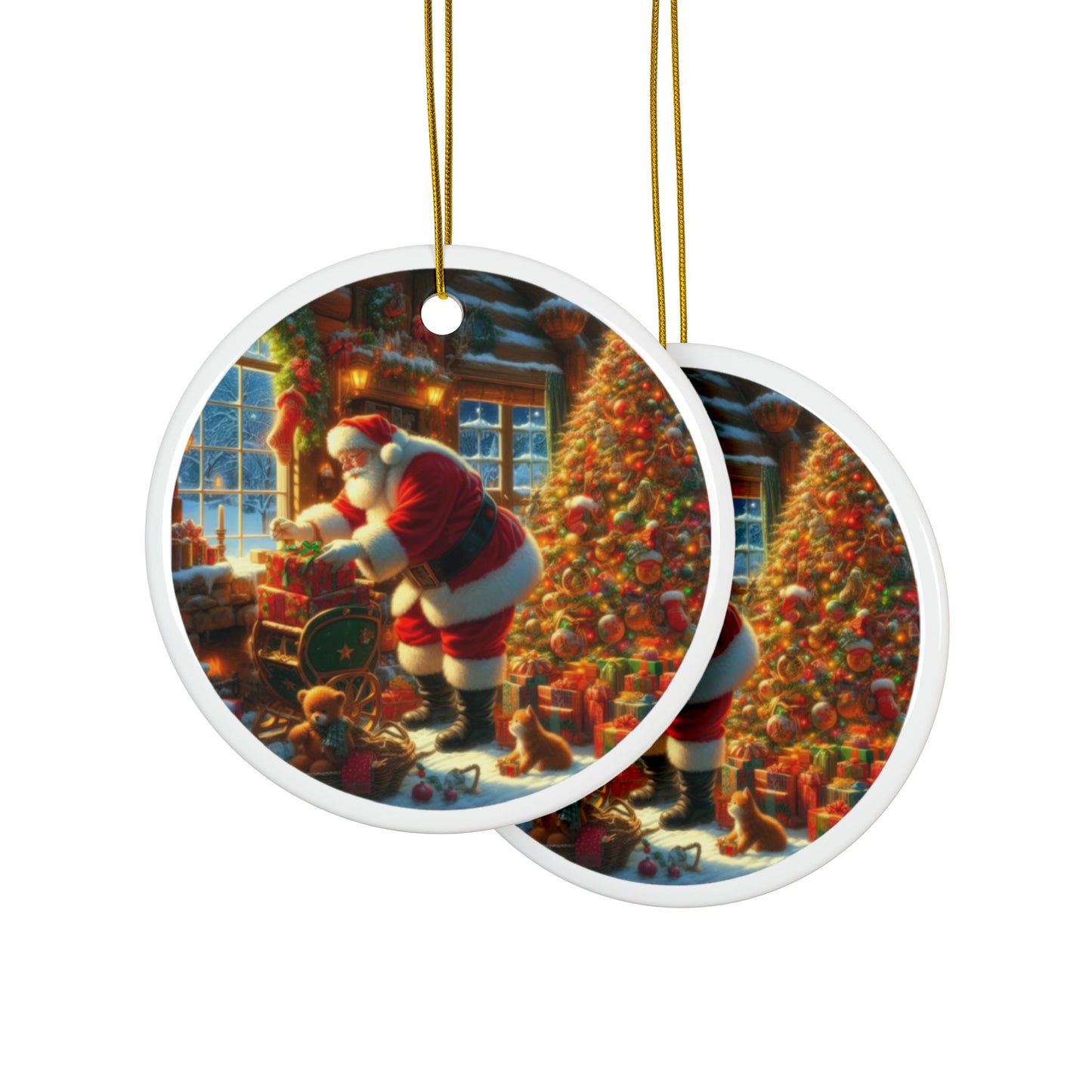 Santa’s Gift-Giving Tradition Christmas Ceramic Ornaments, 2-Side Print, (1pc, 3pcs, 5pcs, 10pcs)