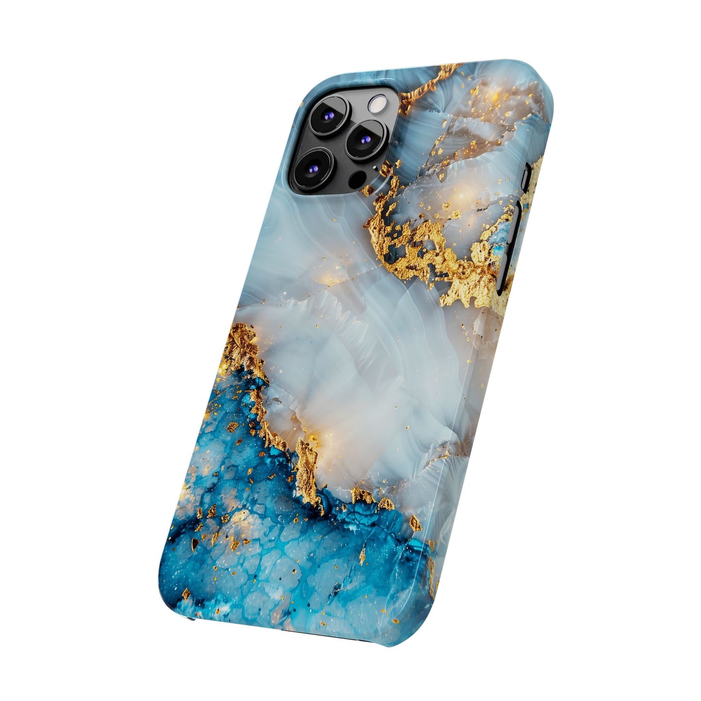 Marble Luxe Slim iPhone Case, Elegant Blue & Gold Design