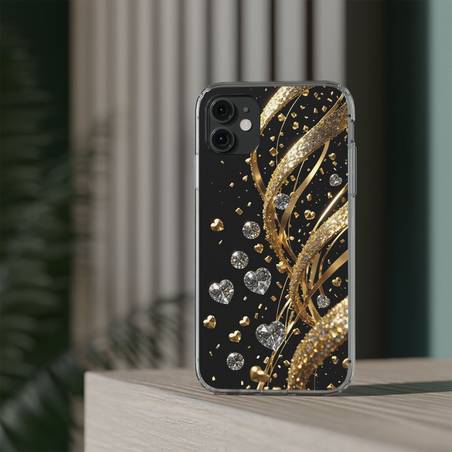 Gleaming Heart Clear Case, Elegant Gold Glitter, Sparkling Design