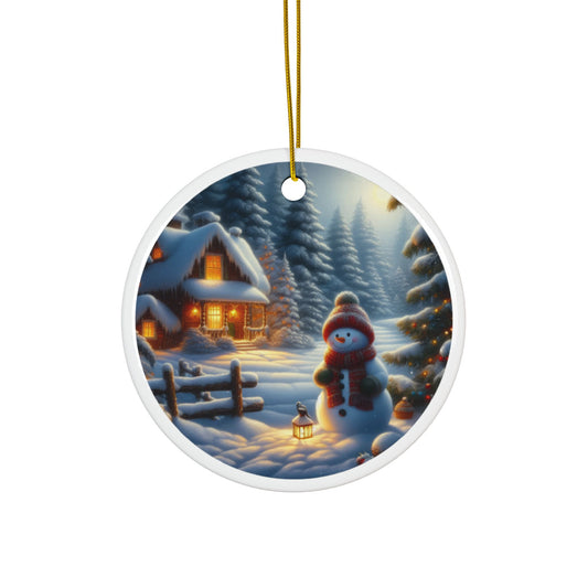 Snowman’s Twilight Magic Christmas Ceramic Ornaments, 2-Side Print, (1pc, 3pcs, 5pcs, 10pcs)