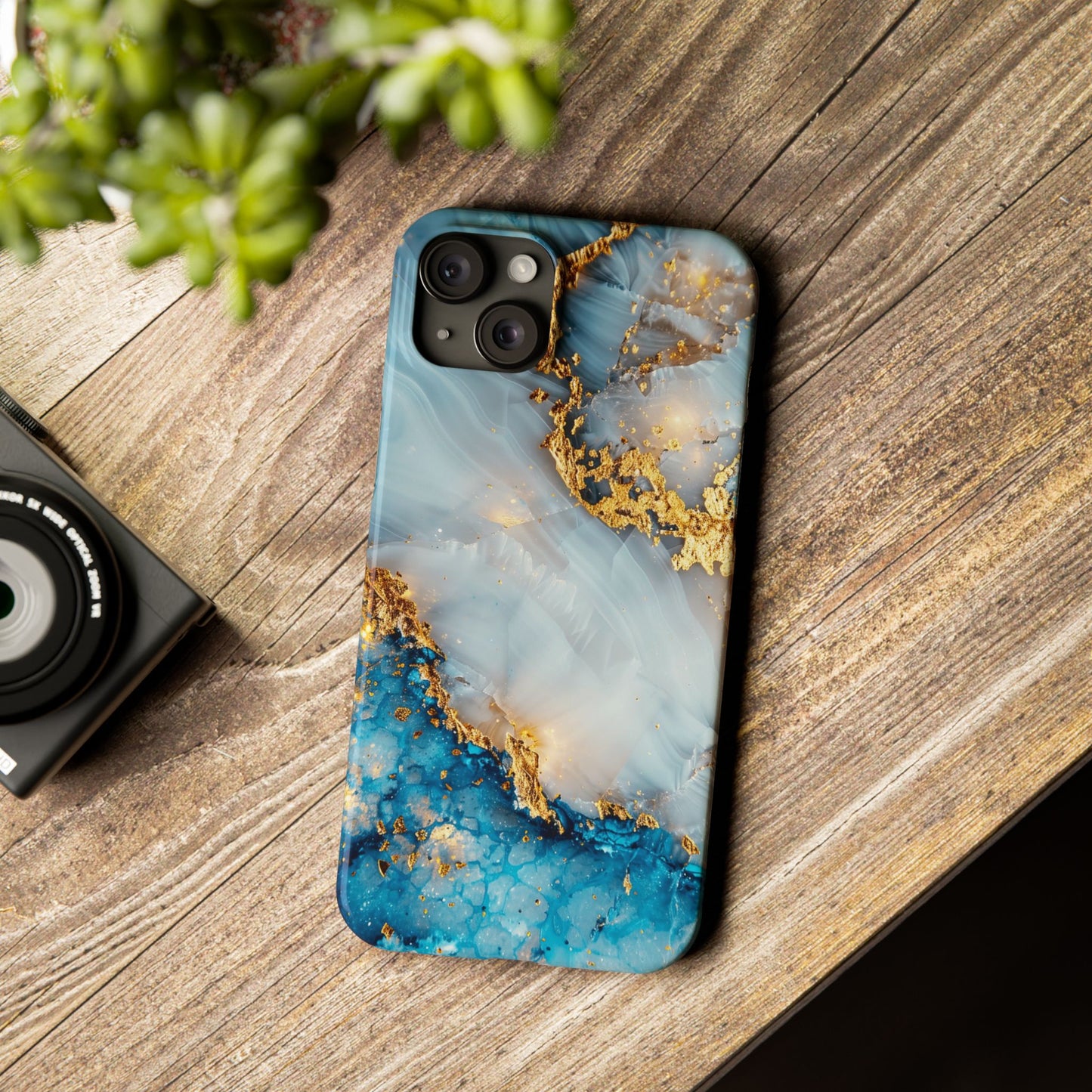 Marble Luxe Slim iPhone Case, Elegant Blue & Gold Design