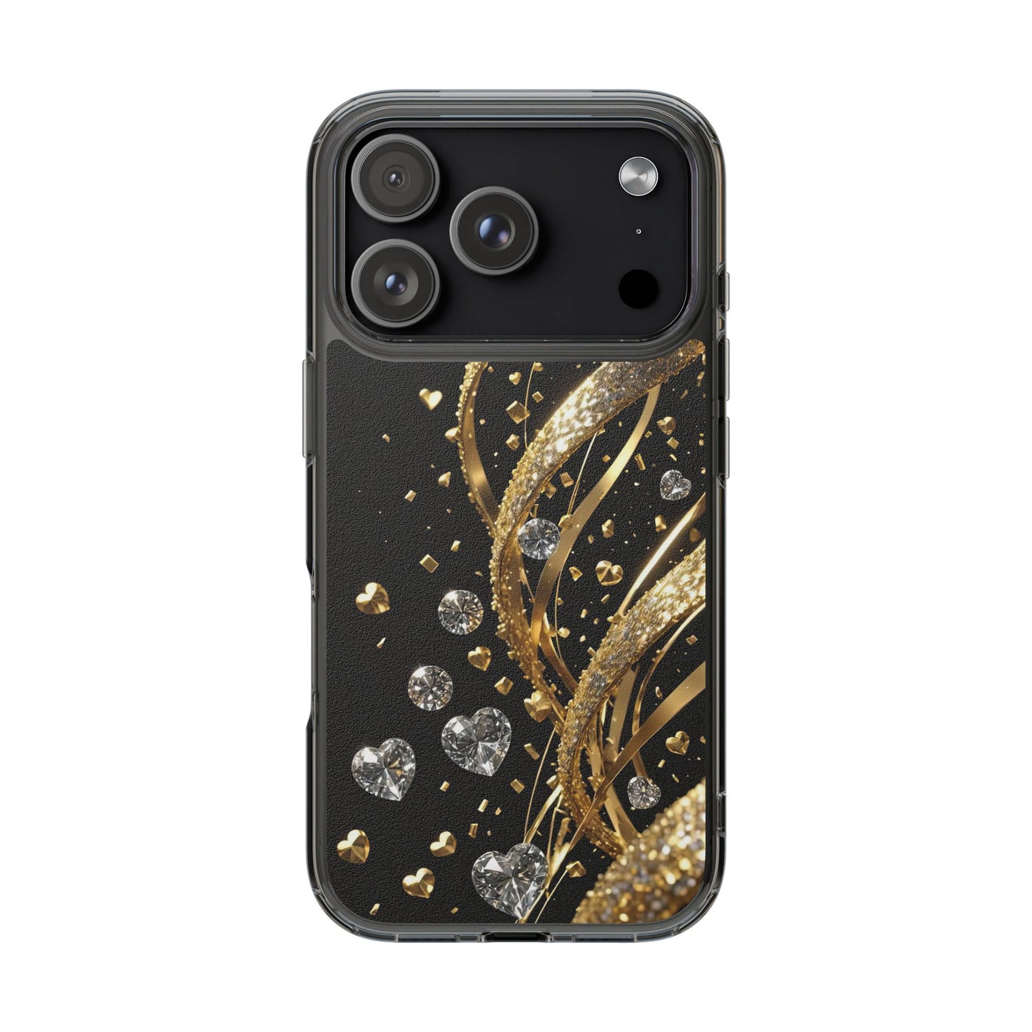 Gleaming Heart Clear Case, Elegant Gold Glitter, Sparkling Design