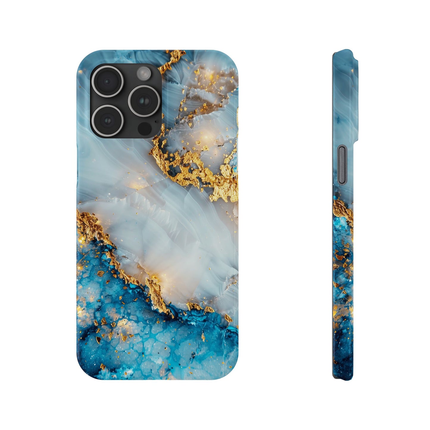 Marble Luxe Slim iPhone Case, Elegant Blue & Gold Design