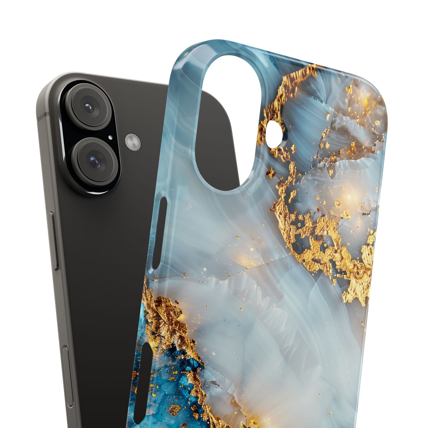Marble Luxe Slim iPhone Case, Elegant Blue & Gold Design