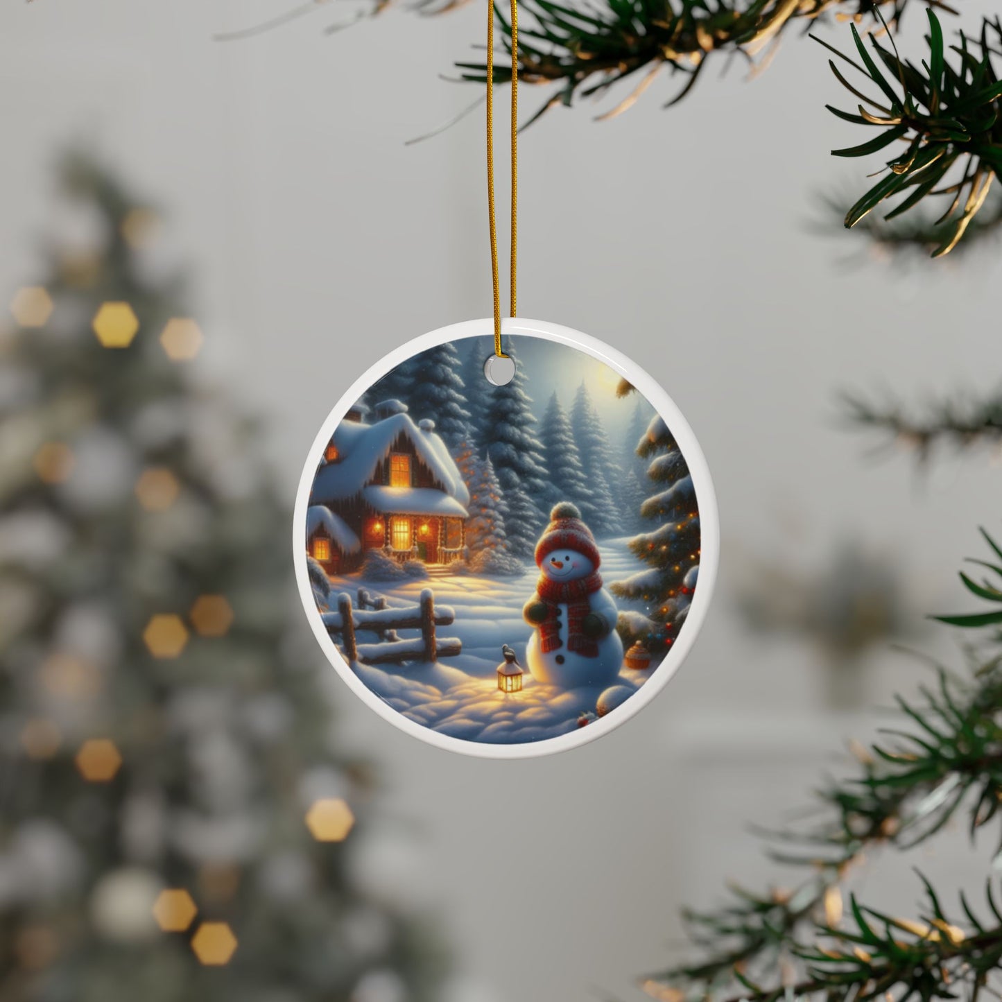 Snowman’s Twilight Magic Christmas Ceramic Ornaments, 2-Side Print, (1pc, 3pcs, 5pcs, 10pcs)