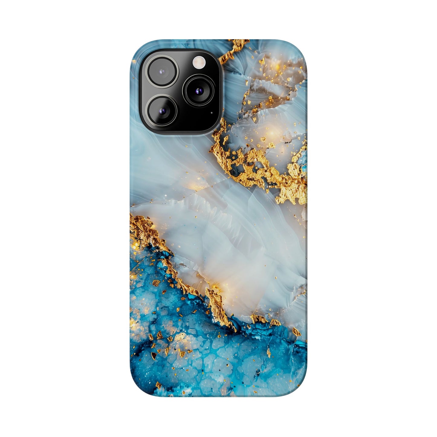 Marble Luxe Slim iPhone Case, Elegant Blue & Gold Design