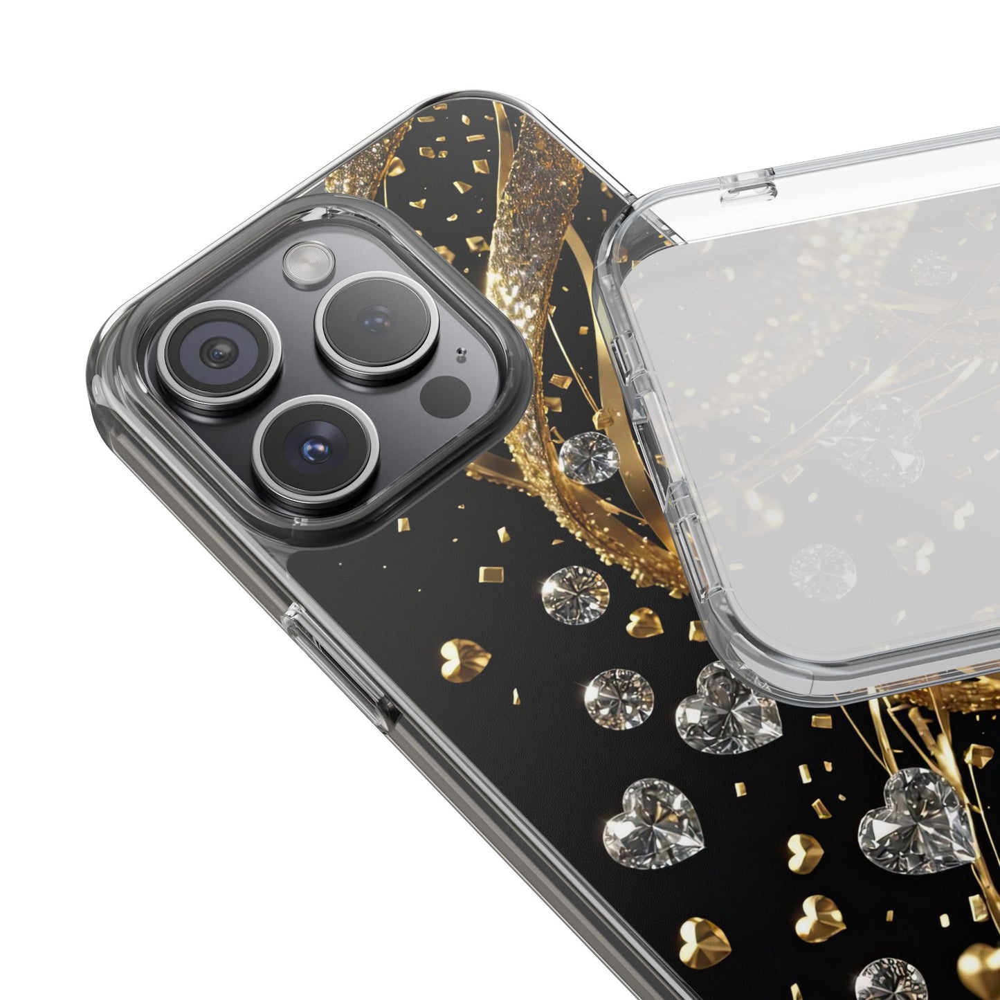 Gleaming Heart Clear Case, Elegant Gold Glitter, Sparkling Design