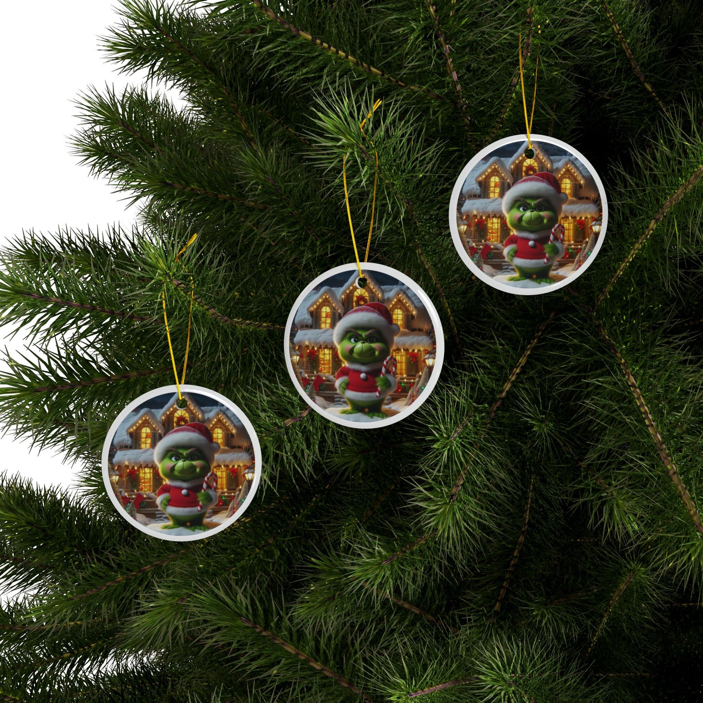 Little Grinch’s Sweet Treat Christmas Ceramic Ornaments, 2-Side Print, (1pc, 3pcs, 5pcs, 10pcs)