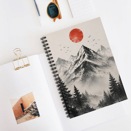 Mountain Sunrise Spiral Notebook — Ruled Journal with Red Sun Landscape