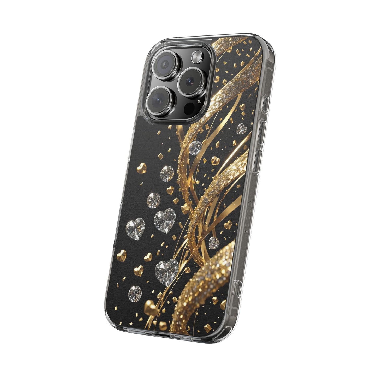 Gleaming Heart Clear Case, Elegant Gold Glitter, Sparkling Design