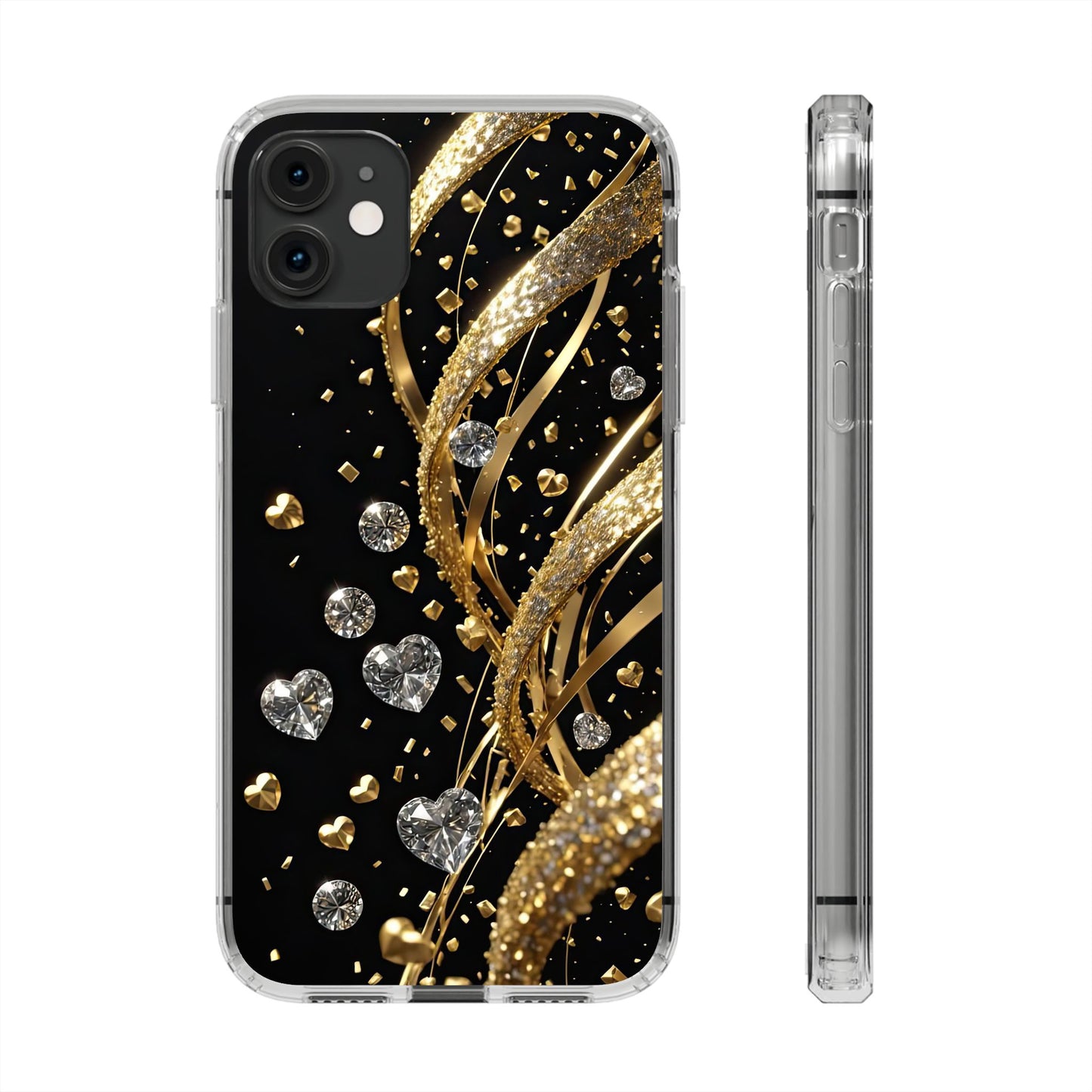 Gleaming Heart Clear Case, Elegant Gold Glitter, Sparkling Design