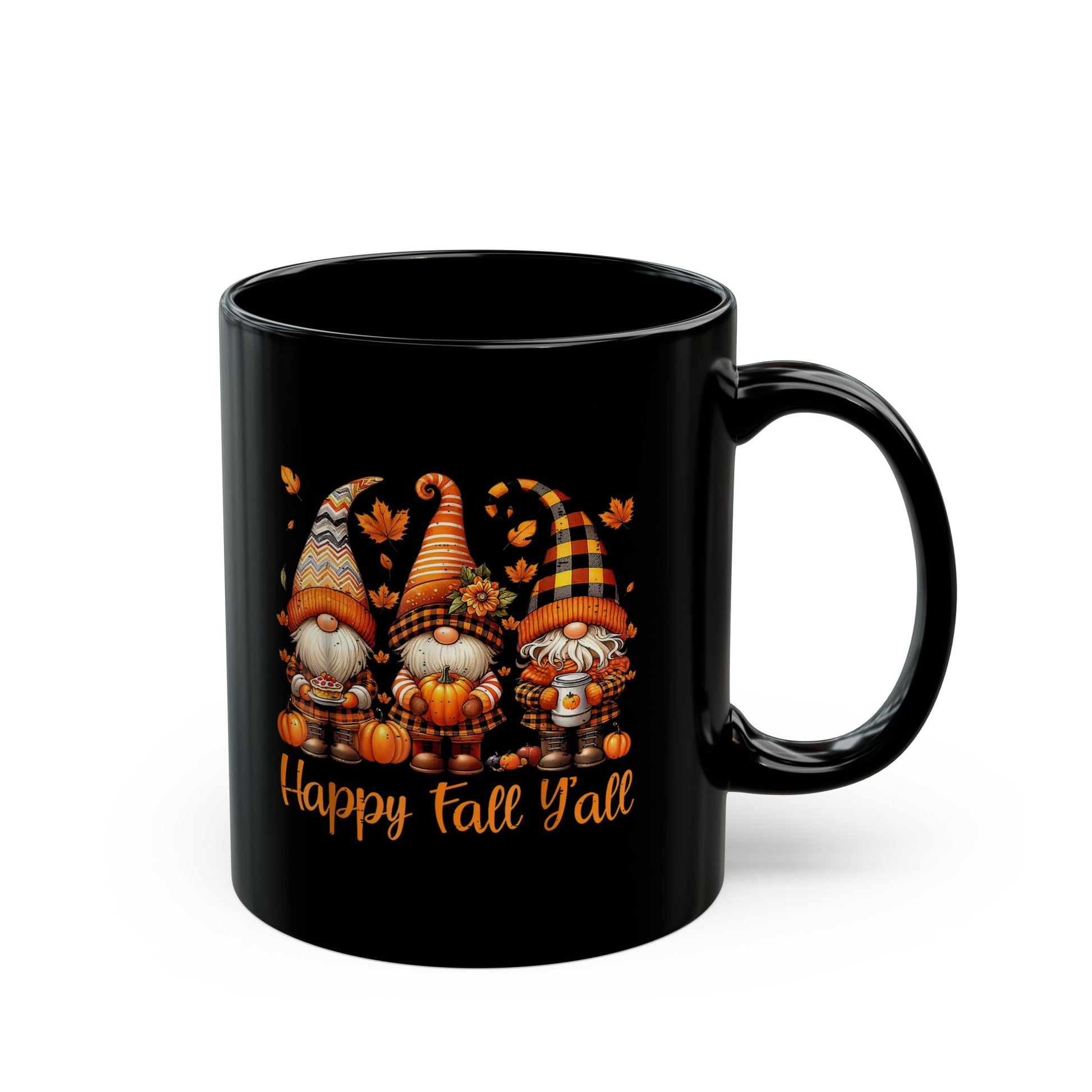 Happy Fall Y'all Gnome Mug, Black Coffee Cup for Autumn