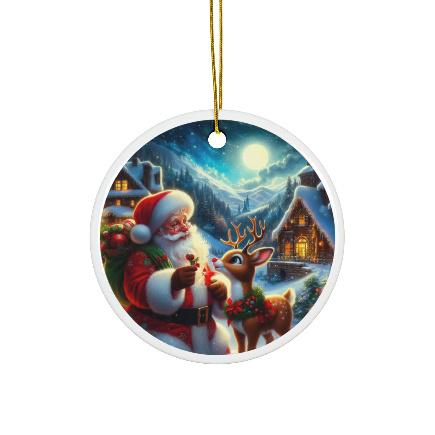 Santa’s Brightest Companion Christmas Ceramic Ornaments, 2-Side Print, (1pc, 3pcs, 5pcs, 10pcs)