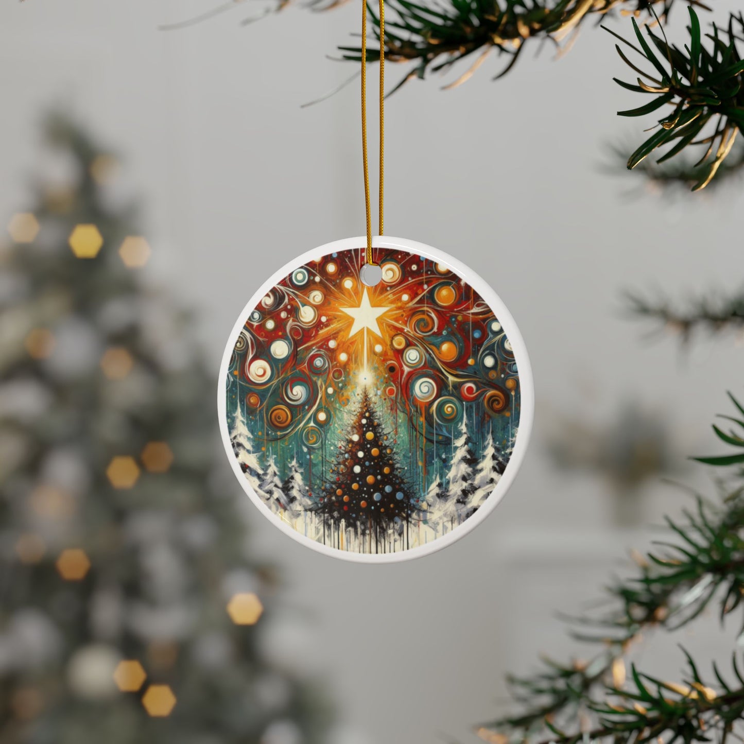 Galactic Yuletide Burst Abstract Ceramic Ornaments, 2-Side Print, (1pc, 3pcs, 5pcs, 10pcs)