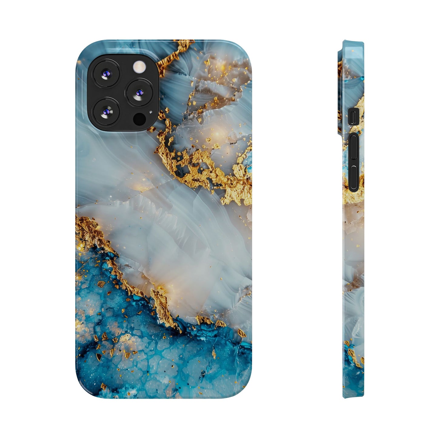 Marble Luxe Slim iPhone Case, Elegant Blue & Gold Design