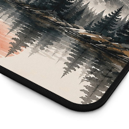 Mountain Lake Desk Mat – Minimal Asian Ink Landscape with Red Sun