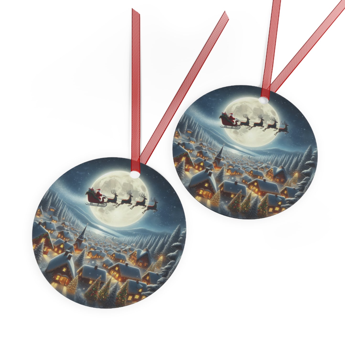 Santa’s Moonlit Village Flight Metal Ornaments, 2-Side Print