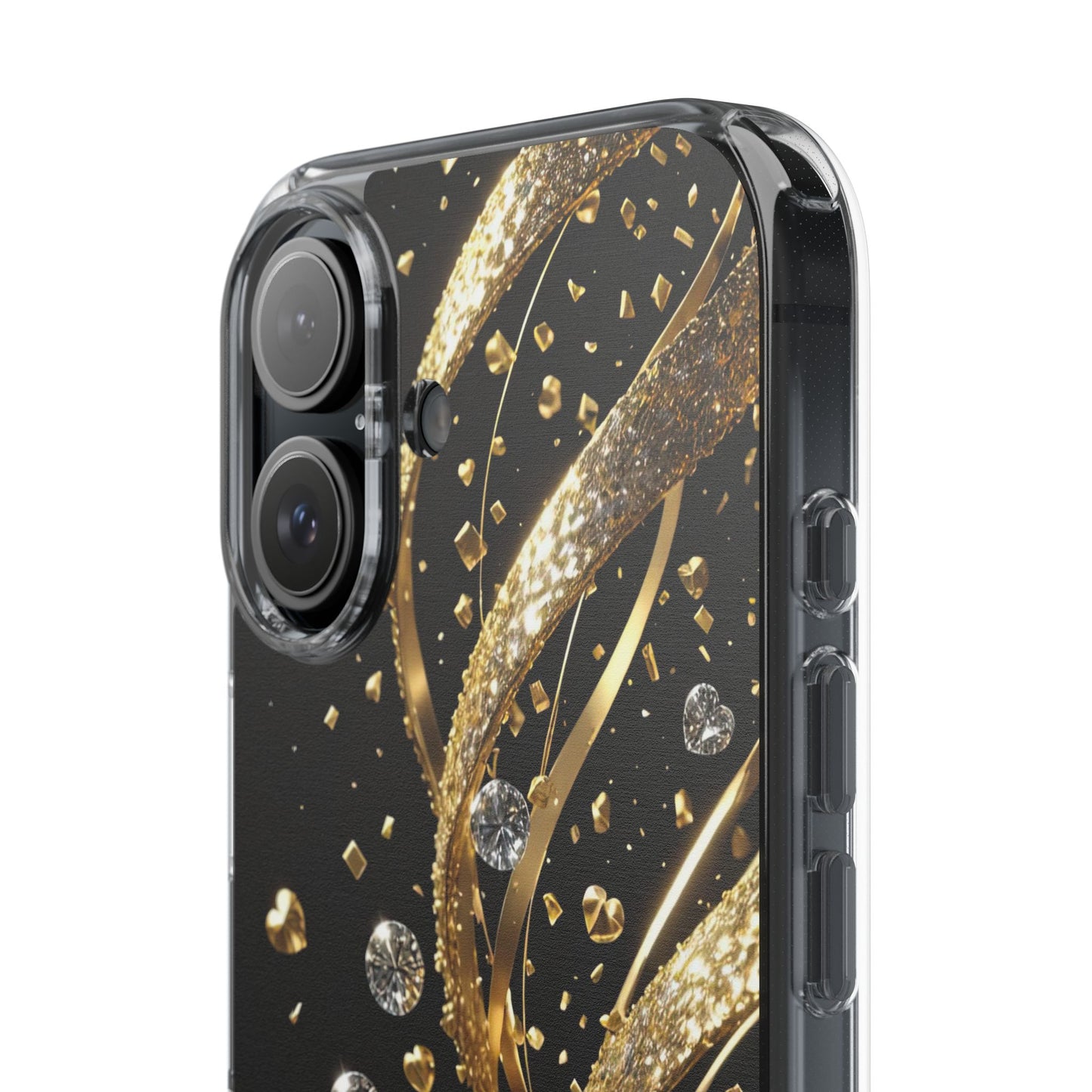 Gleaming Heart Clear Case, Elegant Gold Glitter, Sparkling Design