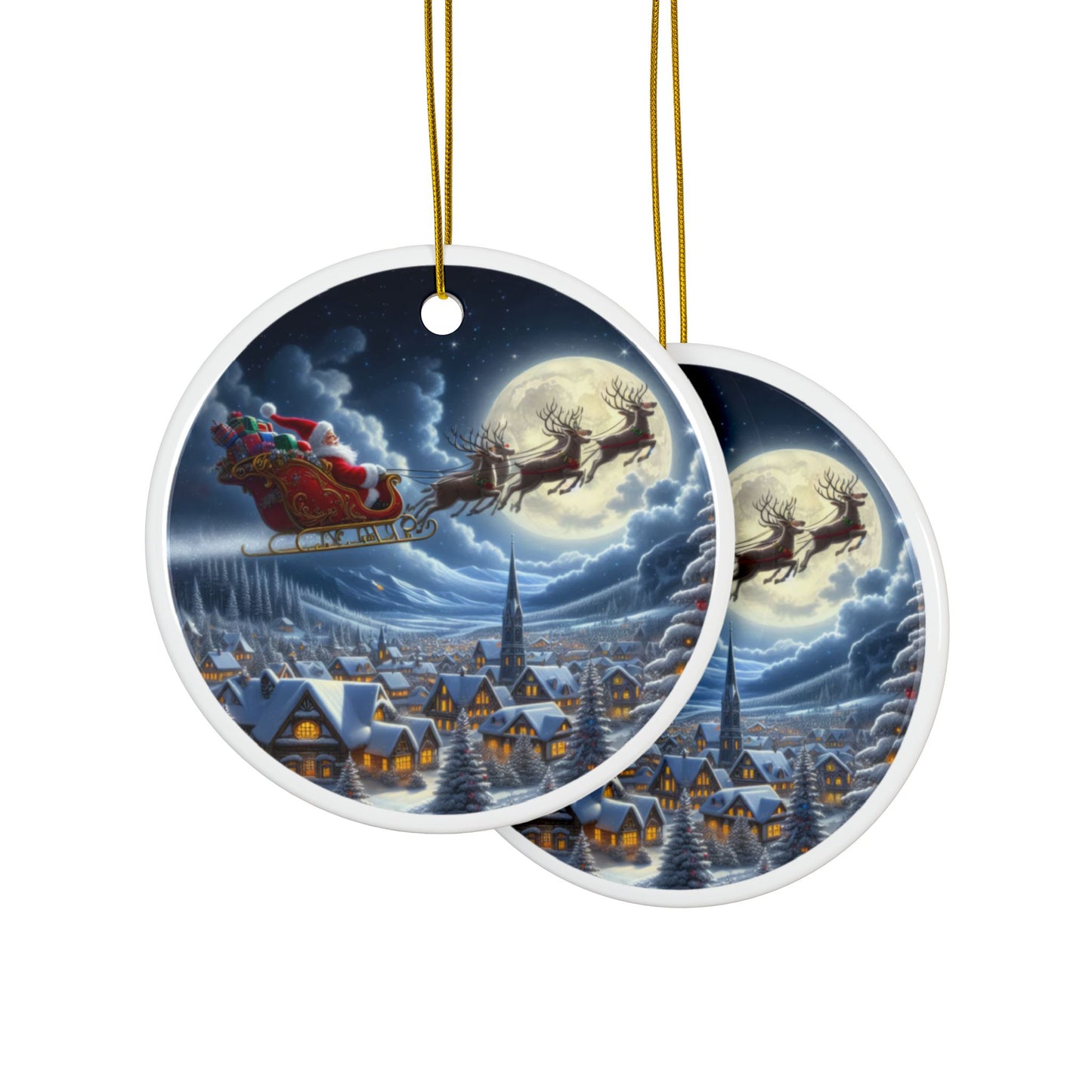 Holly Jolly Twilight Journey Christmas Ceramic Ornaments, 2-Side Print, (1pc, 3pcs, 5pcs, 10pcs)