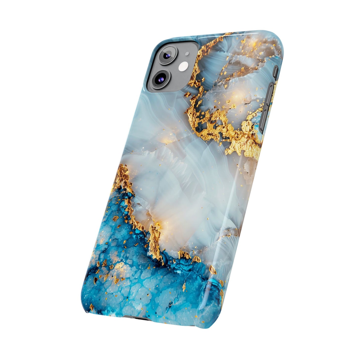 Marble Luxe Slim iPhone Case, Elegant Blue & Gold Design