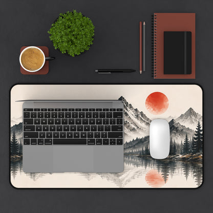 Mountain Lake Desk Mat – Minimal Asian Ink Landscape with Red Sun