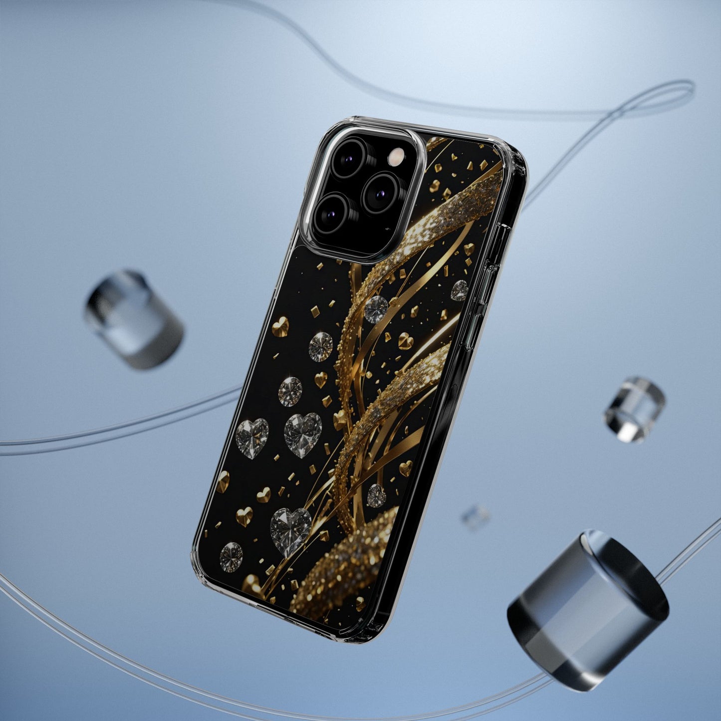 Gleaming Heart Clear Case, Elegant Gold Glitter, Sparkling Design