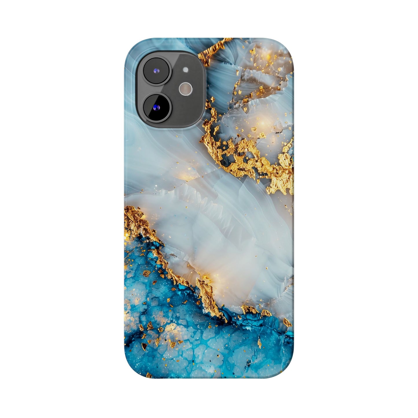 Marble Luxe Slim iPhone Case, Elegant Blue & Gold Design